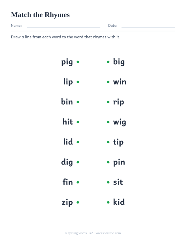 Rhyming words worksheet, eight words on the left to join to their rhyme on the right, starting with pig and wig