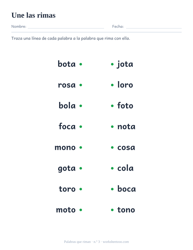 Ficha de rimas con ocho palabras a la izquierda para unir con la que rima a la derecha, como bota y nota