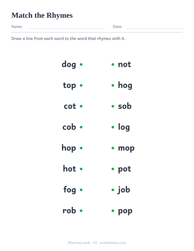 Rhyming words worksheet, eight words on the left to join to their rhyme on the right, starting with dog and log