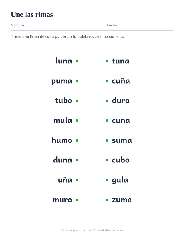 Ficha de rimas con ocho palabras a la izquierda para unir con la que rima a la derecha, como luna y cuna
