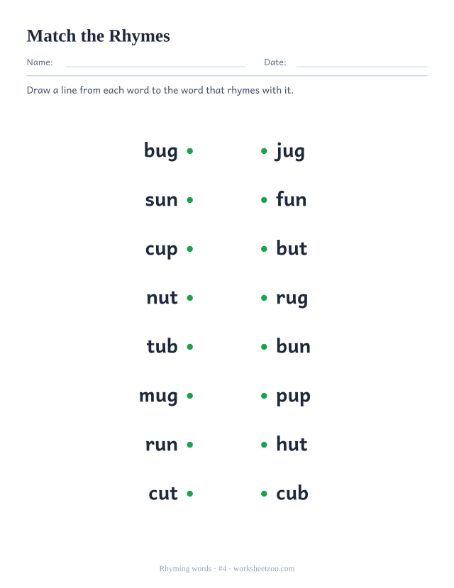 Rhyming words worksheet, eight words on the left to join to their rhyme on the right, starting with bug and rug