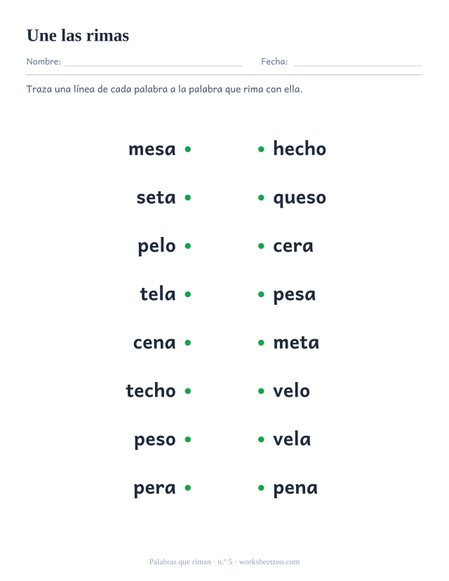 Ficha de rimas con ocho palabras a la izquierda para unir con la que rima a la derecha, como mesa y pesa