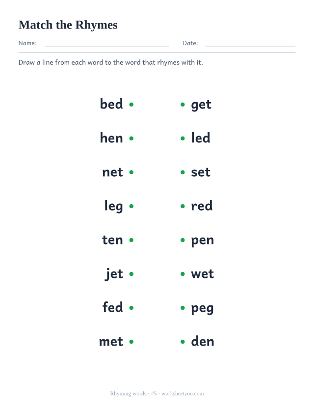 Rhyming words worksheet, eight words on the left to join to their rhyme on the right, starting with bed and red