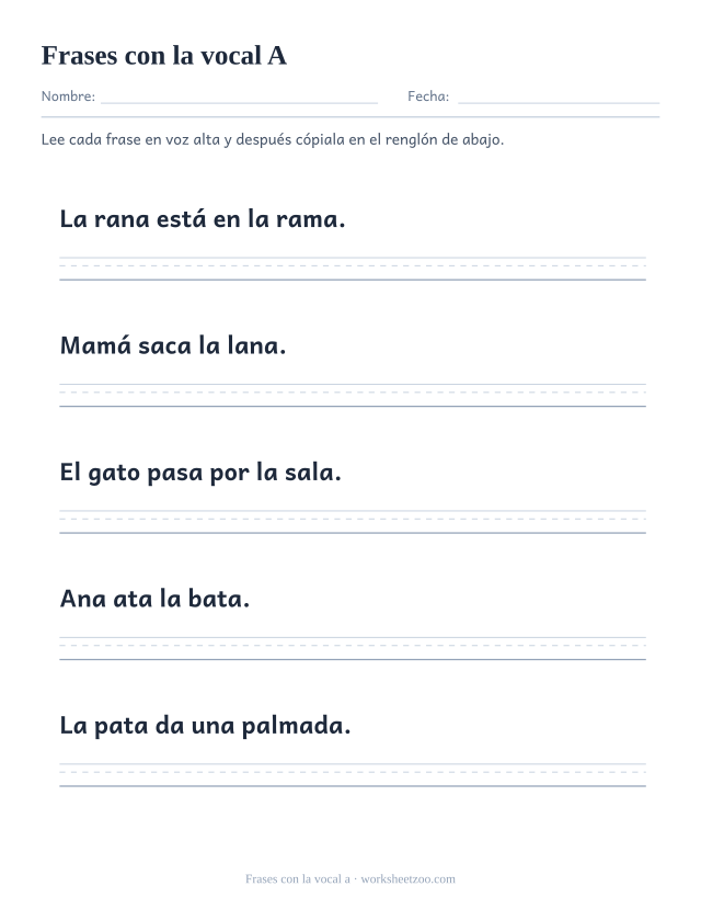 Ficha de frases con la vocal a, cinco frases sencillas como «La rana está en la rama.» con pauta para copiarlas