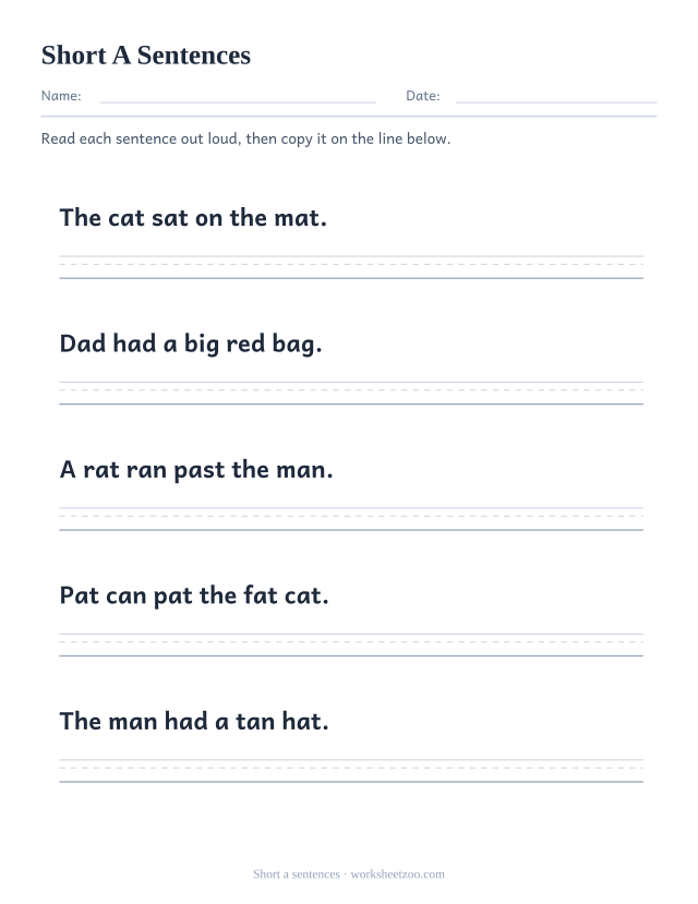 Short a sentences worksheet, five decodable sentences such as "The cat sat on the mat." with a guide line to copy each one