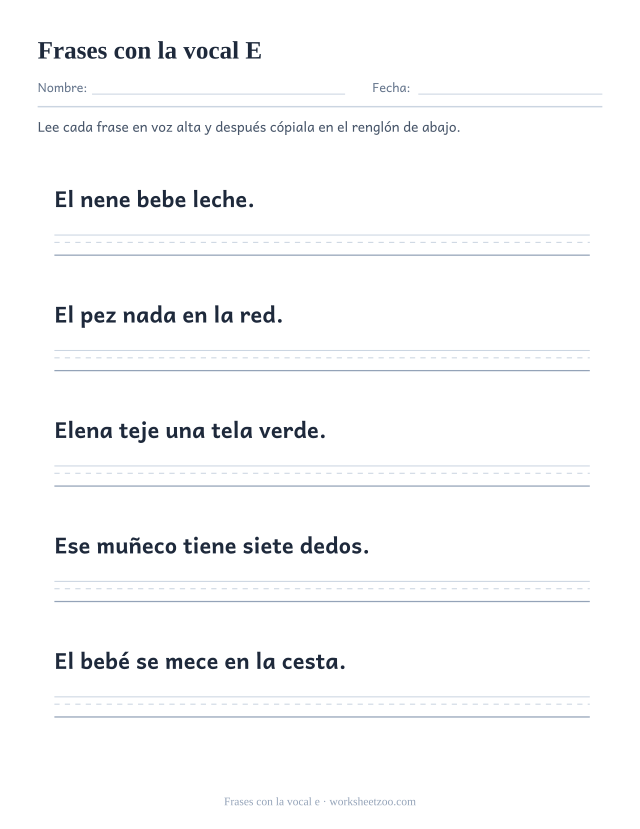 Ficha de frases con la vocal e, cinco frases sencillas como «El nene bebe leche.» con pauta para copiarlas