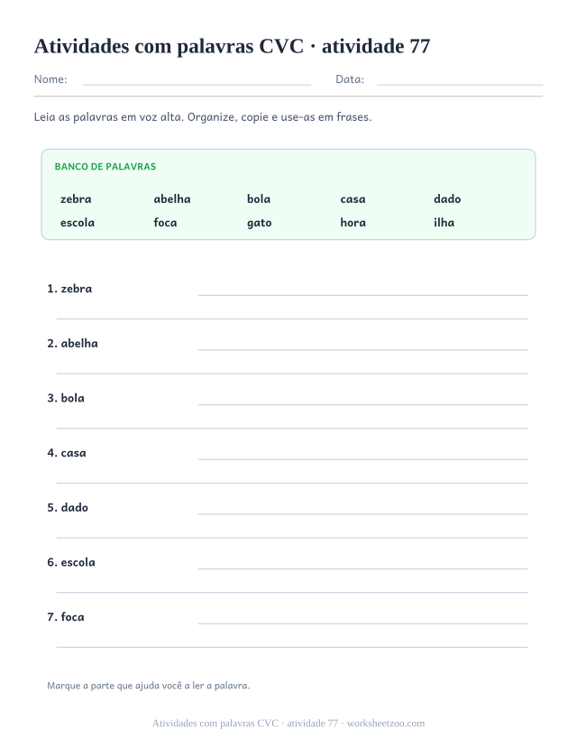 Prévia de Atividades com palavras CVC, atividade 77 para imprimir