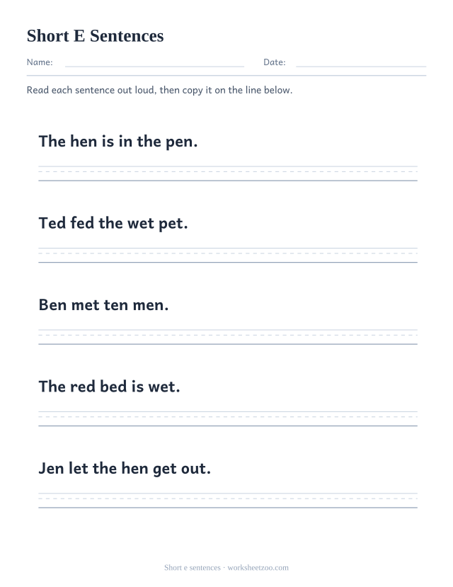 Short e sentences worksheet, five decodable sentences such as "The hen is in the pen." with a guide line to copy each one