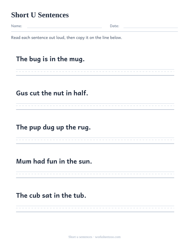 Short u sentences worksheet, five decodable sentences such as "The bug is in the mug." with a guide line to copy each one