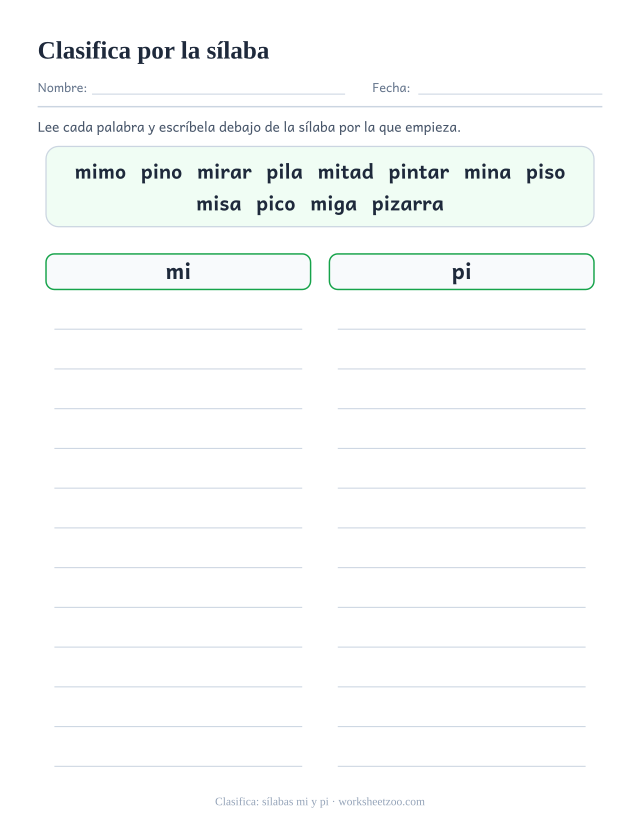 Ficha para clasificar doce palabras según empiecen por la sílaba mi o por la sílaba pi