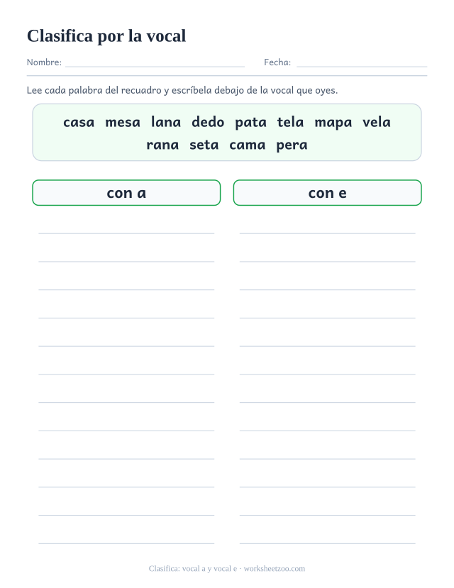 Ficha para clasificar doce palabras en dos columnas según lleven la vocal a o la vocal e