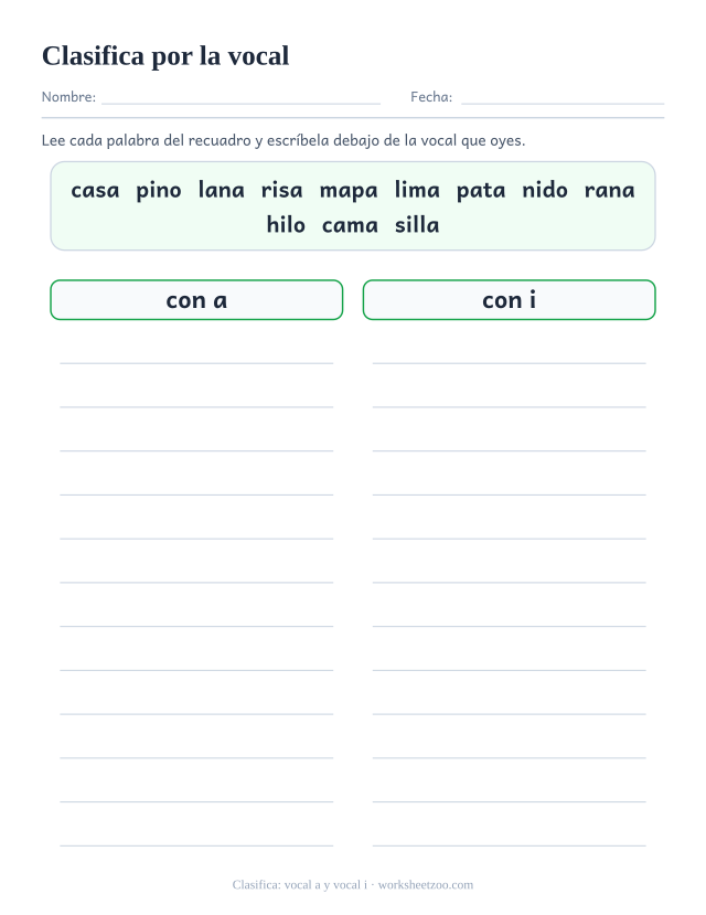 Ficha para clasificar doce palabras en dos columnas según lleven la vocal a o la vocal i