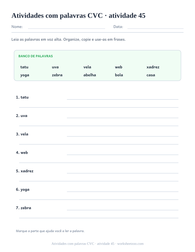 Prévia de Atividades com palavras CVC, atividade 45 para imprimir