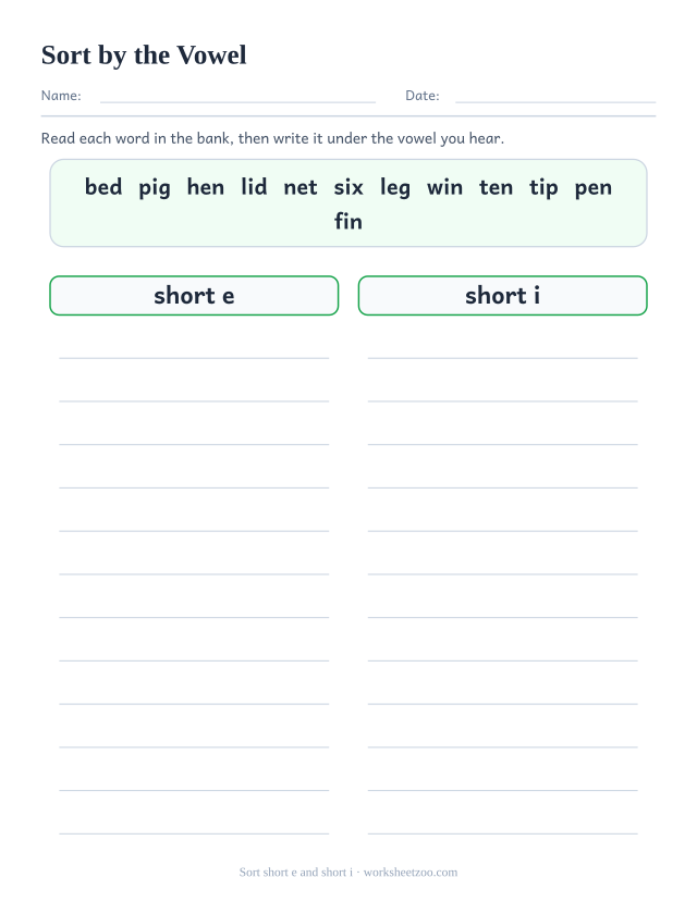 Vowel sorting worksheet, a bank of twelve words to write under a short e or short i heading