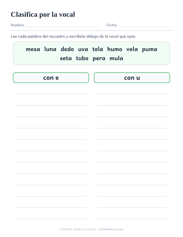 Ficha para clasificar doce palabras en dos columnas según lleven la vocal e o la vocal u