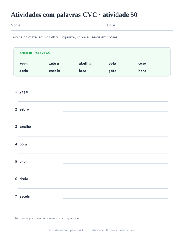 Prévia de Atividades com palavras CVC, atividade 50 para imprimir