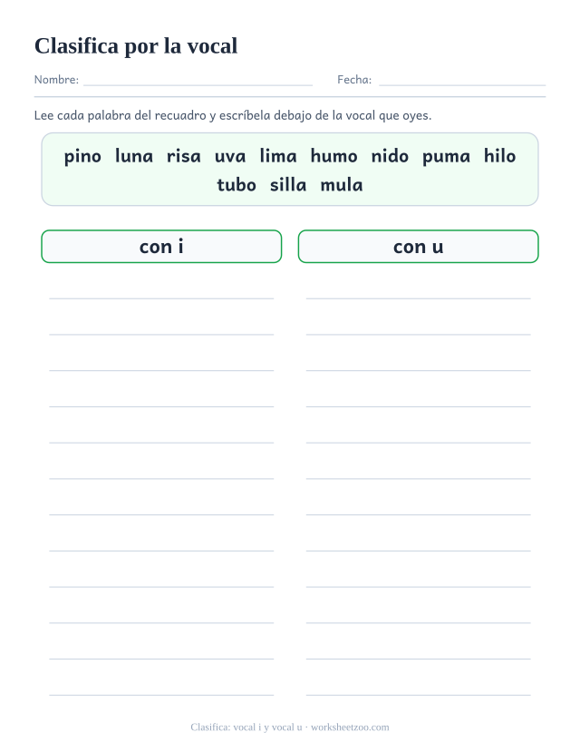 Ficha para clasificar doce palabras en dos columnas según lleven la vocal i o la vocal u