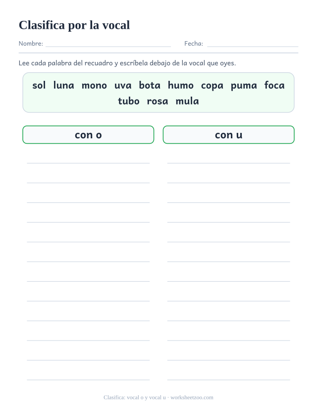 Ficha para clasificar doce palabras en dos columnas según lleven la vocal o o la vocal u