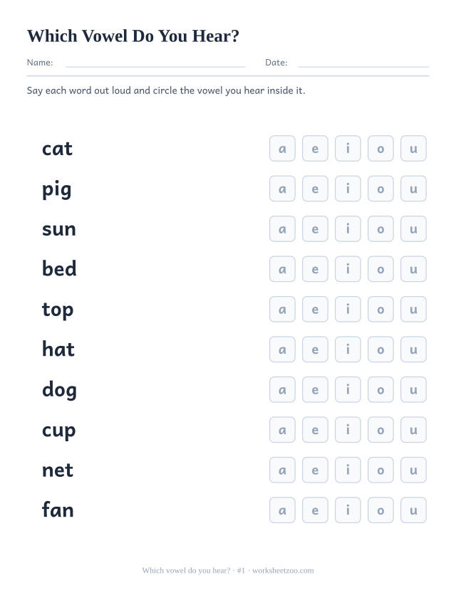Which vowel worksheet, ten words including cat, pig, sun each followed by the five vowels to circle