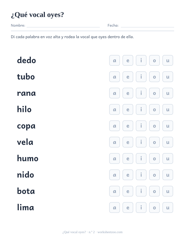 Ficha para rodear la vocal que se oye en diez palabras como dedo, tubo, rana