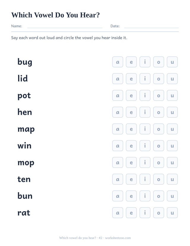 Which vowel worksheet, ten words including bug, lid, pot each followed by the five vowels to circle