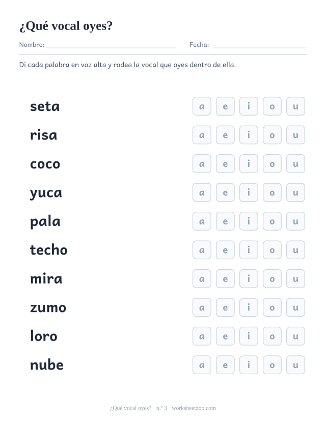Ficha para rodear la vocal que se oye en diez palabras como seta, risa, coco