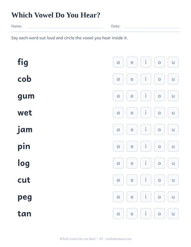 Which vowel worksheet, ten words including fig, cob, gum each followed by the five vowels to circle