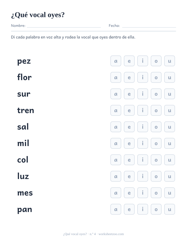 Ficha para rodear la vocal que se oye en diez palabras como pez, flor, sur