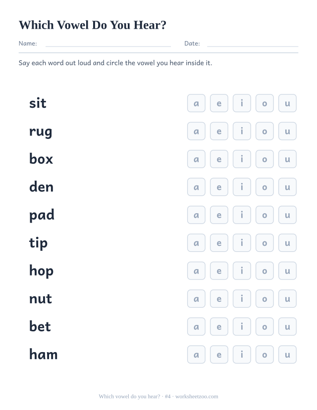 Which vowel worksheet, ten words including sit, rug, box each followed by the five vowels to circle