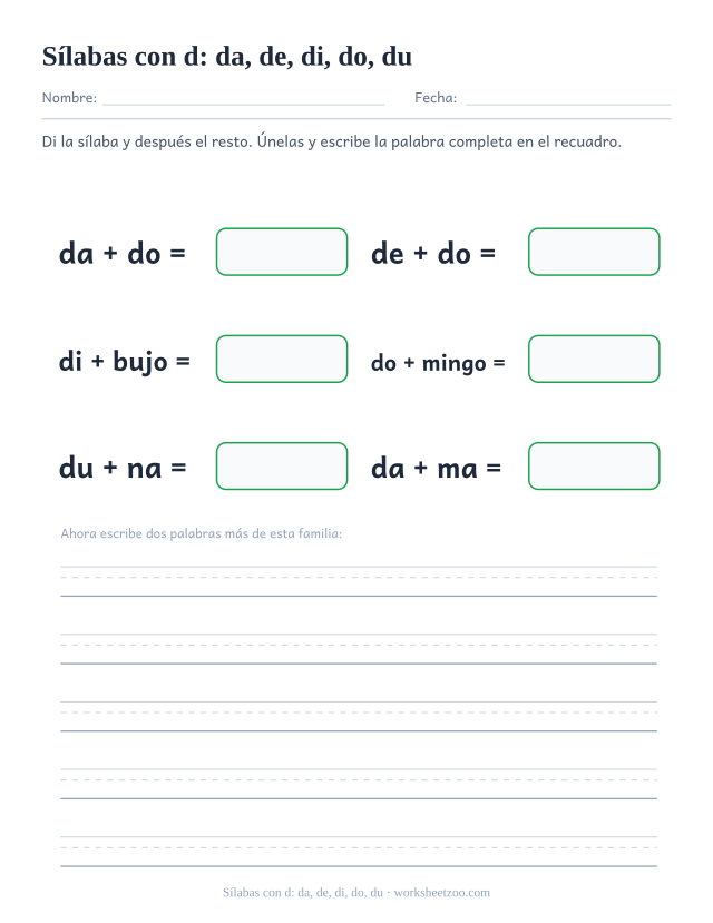 Ficha de sílabas con d: da, de, di, do, du para unir da, de, di, do, du con el resto de la palabra y formar dado, dedo, dibujo, domingo, duna, dama