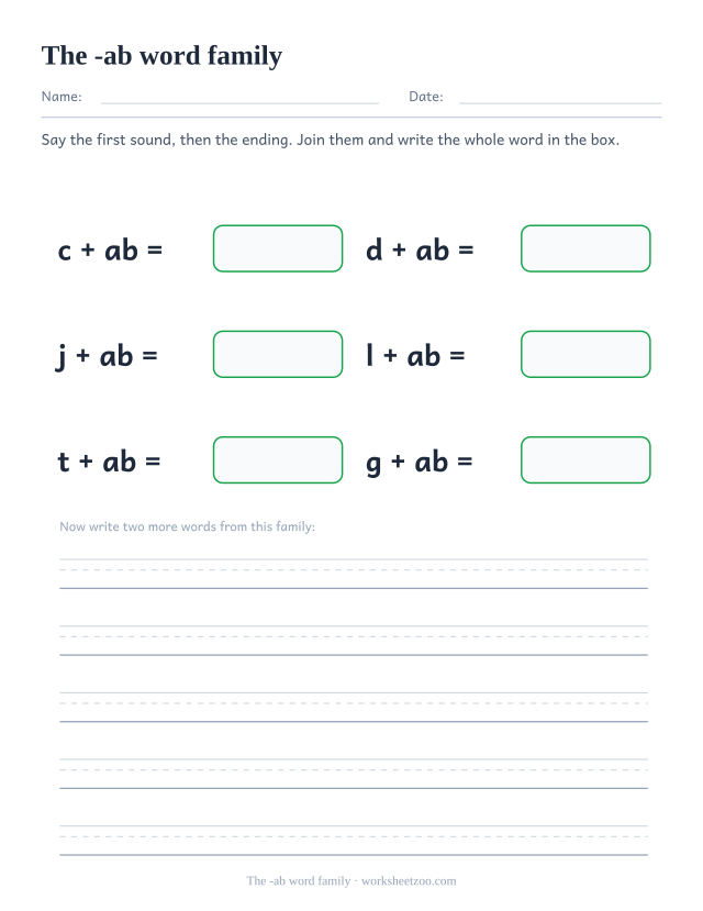 -ab word family worksheet, joining c, d, j, l, t, g to the ending ab to build cab, dab, jab, lab, tab, gab