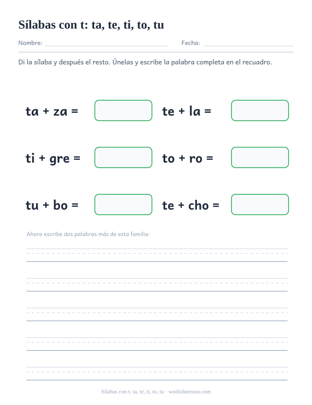 Ficha de sílabas con t: ta, te, ti, to, tu para unir ta, te, ti, to, tu con el resto de la palabra y formar taza, tela, tigre, toro, tubo, techo