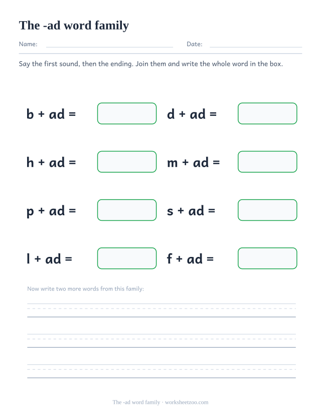 -ad word family worksheet, joining b, d, h, m, p, s, l, f to the ending ad to build bad, dad, had, mad, pad, sad, lad, fad