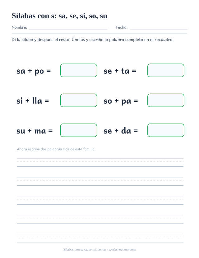 Ficha de sílabas con s: sa, se, si, so, su para unir sa, se, si, so, su con el resto de la palabra y formar sapo, seta, silla, sopa, suma, seda