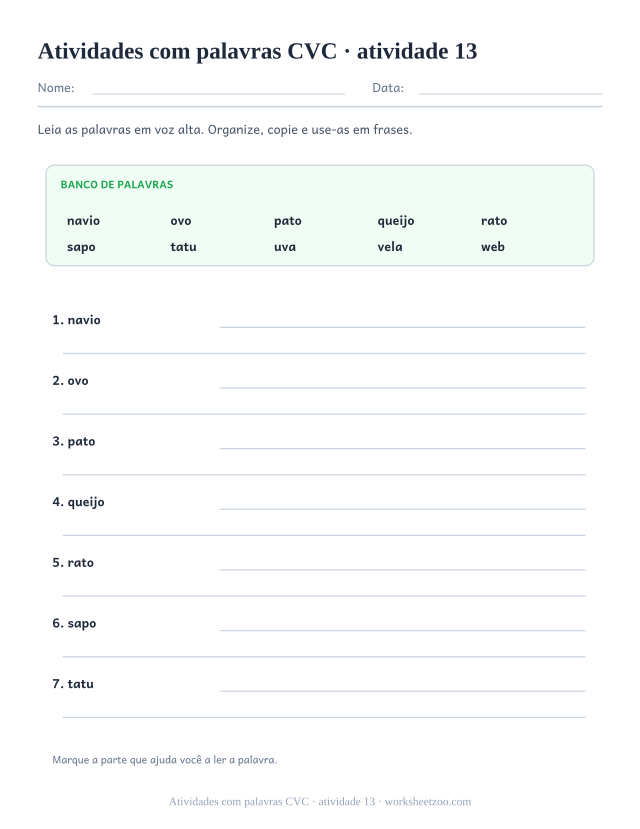Prévia de Atividades com palavras CVC, atividade 13 para imprimir
