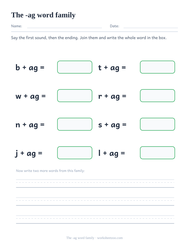 -ag word family worksheet, joining b, t, w, r, n, s, j, l to the ending ag to build bag, tag, wag, rag, nag, sag, jag, lag