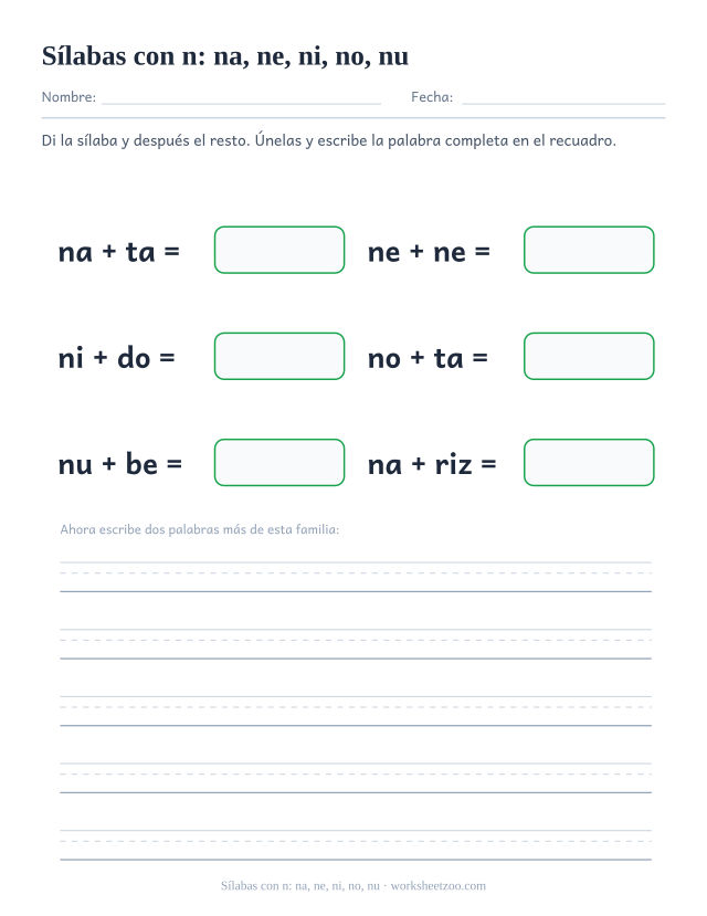 Ficha de sílabas con n: na, ne, ni, no, nu para unir na, ne, ni, no, nu con el resto de la palabra y formar nata, nene, nido, nota, nube, nariz