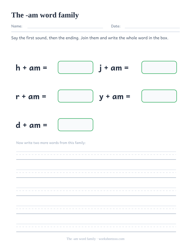 -am word family worksheet, joining h, j, r, y, d to the ending am to build ham, jam, ram, yam, dam