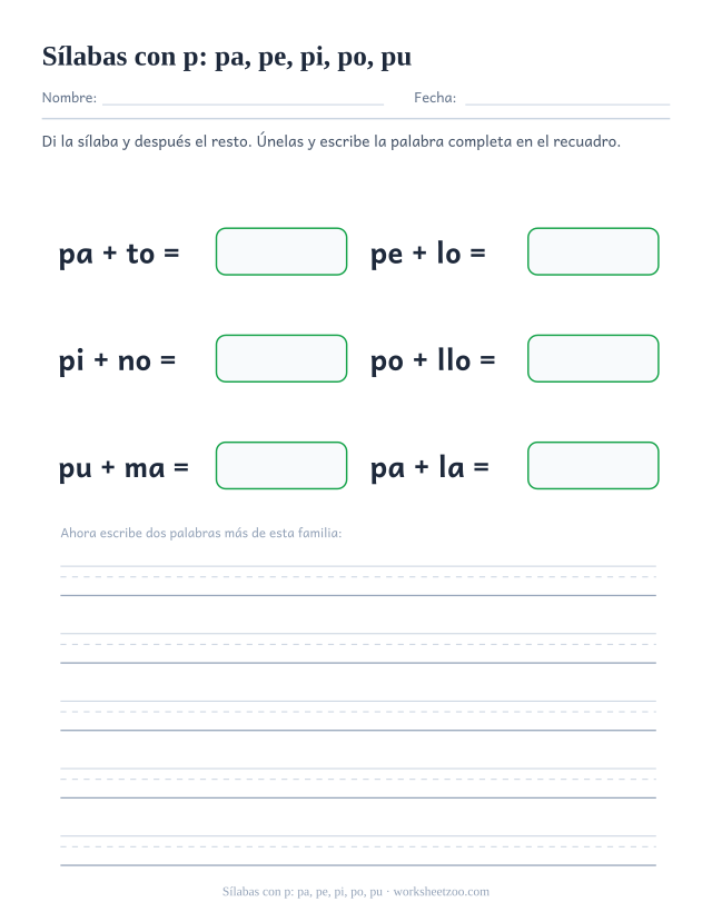 Ficha de sílabas con p: pa, pe, pi, po, pu para unir pa, pe, pi, po, pu con el resto de la palabra y formar pato, pelo, pino, pollo, puma, pala