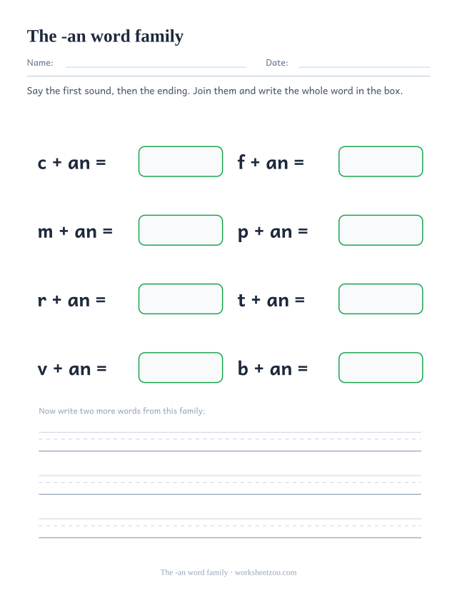 -an word family worksheet, joining c, f, m, p, r, t, v, b to the ending an to build can, fan, man, pan, ran, tan, van, ban