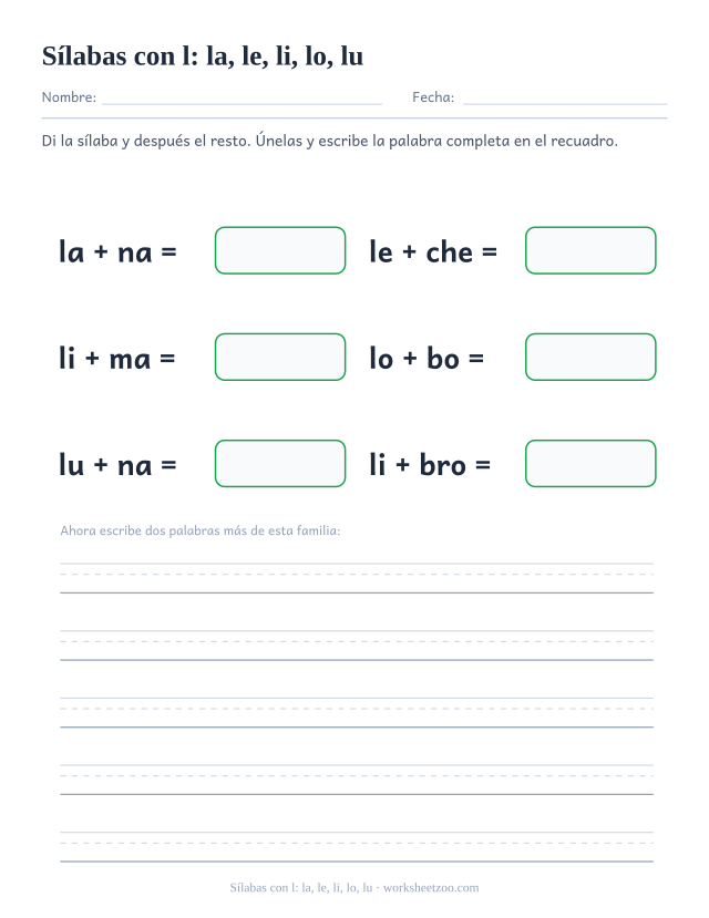 Ficha de sílabas con l: la, le, li, lo, lu para unir la, le, li, lo, lu con el resto de la palabra y formar lana, leche, lima, lobo, luna, libro