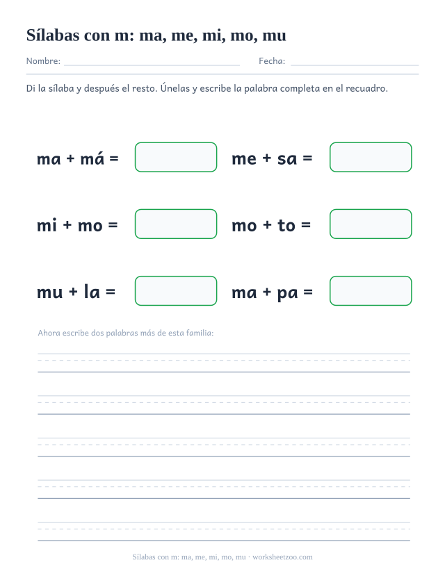 Ficha de sílabas con m: ma, me, mi, mo, mu para unir ma, me, mi, mo, mu con el resto de la palabra y formar mamá, mesa, mimo, moto, mula, mapa