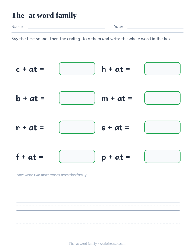 -at word family worksheet, joining c, h, b, m, r, s, f, p to the ending at to build cat, hat, bat, mat, rat, sat, fat, pat