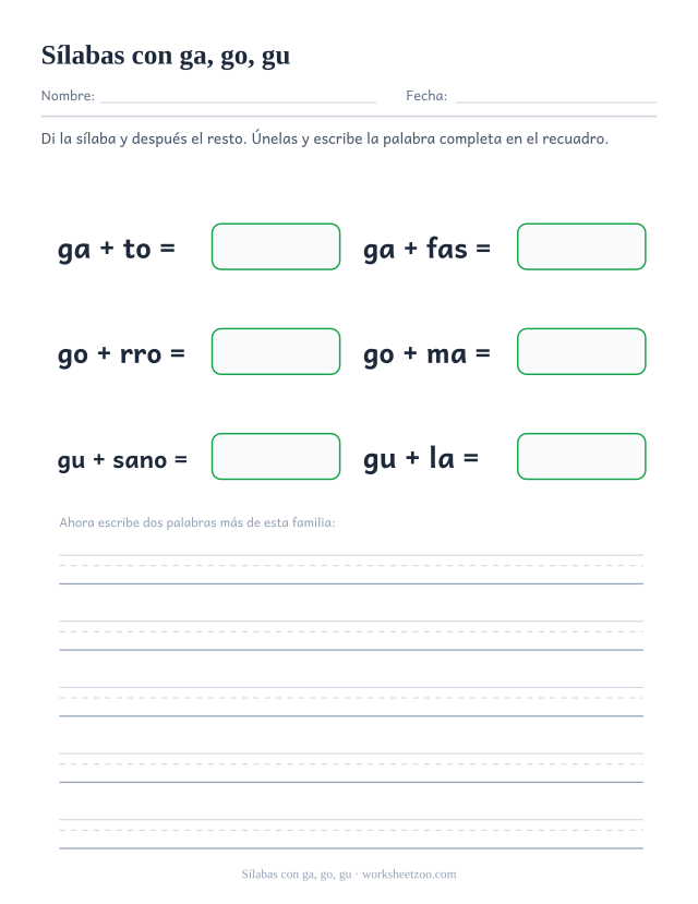 Ficha de sílabas con ga, go, gu para unir ga, go, gu con el resto de la palabra y formar gato, gafas, gorro, goma, gusano, gula