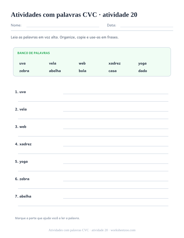 Prévia de Atividades com palavras CVC, atividade 20 para imprimir