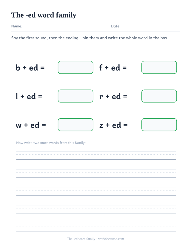 -ed word family worksheet, joining b, f, l, r, w, z to the ending ed to build bed, fed, led, red, wed, zed