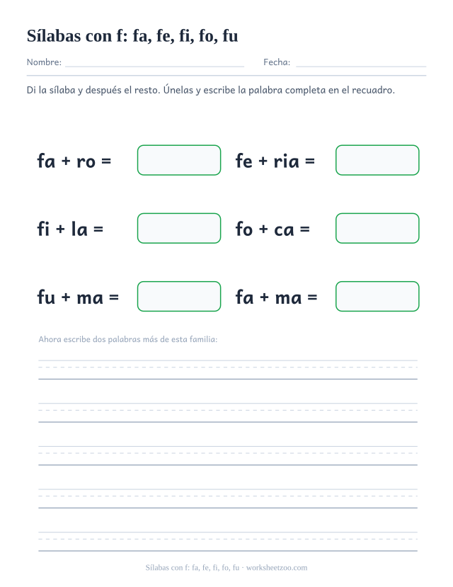 Ficha de sílabas con f: fa, fe, fi, fo, fu para unir fa, fe, fi, fo, fu con el resto de la palabra y formar faro, feria, fila, foca, fuma, fama
