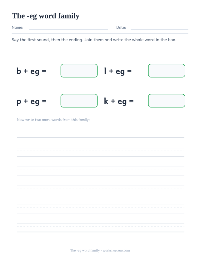 -eg word family worksheet, joining b, l, p, k to the ending eg to build beg, leg, peg, keg