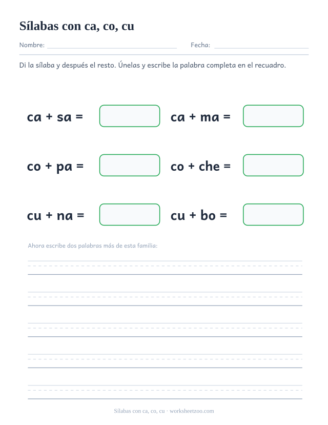 Ficha de sílabas con ca, co, cu para unir ca, co, cu con el resto de la palabra y formar casa, cama, copa, coche, cuna, cubo