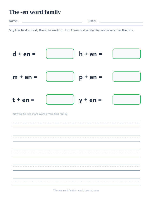 -en word family worksheet, joining d, h, m, p, t, y to the ending en to build den, hen, men, pen, ten, yen